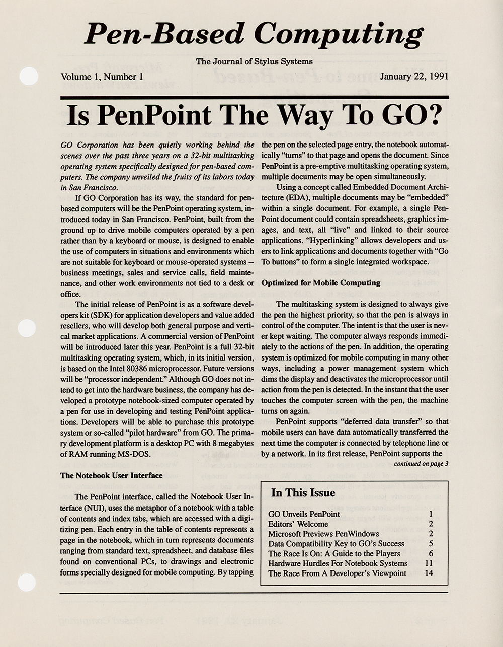 Pen-Based Computing – January 22, 1991 – Volume 1, Number 1
