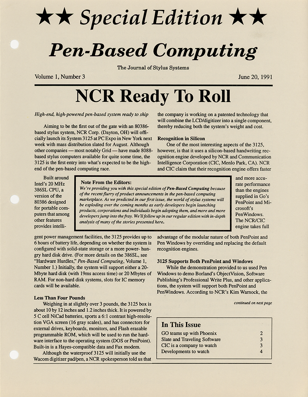 Pen-Based Computing – June 20, 1991 – Volume 1, Number 3