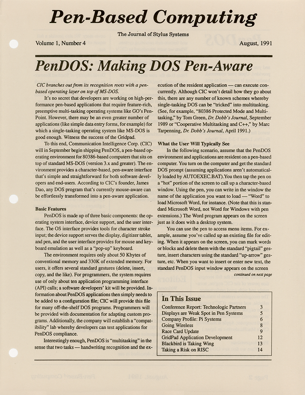 Pen-Based Computing – August, 1991 – Volume 1, Number 4